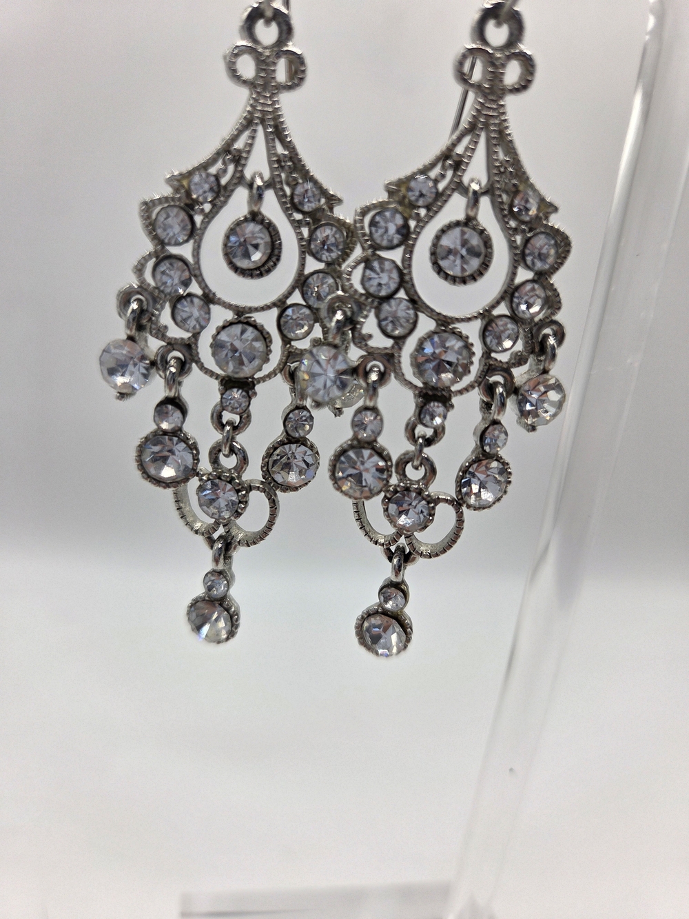 Jim Ball Designs Openwork Filigree Rhinestone Crystal Chandelier Dangle Earrings - Picture 3 of 6